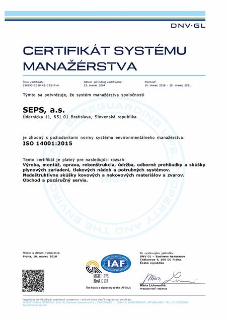 Certifik&aacute;t ISO 14001